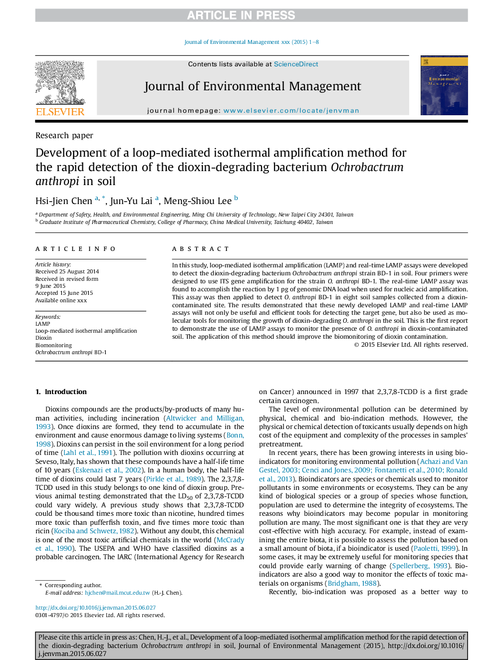 Development of a loop-mediated isothermal amplification method for the rapid detection of the dioxin-degrading bacterium Ochrobactrum anthropi in soil