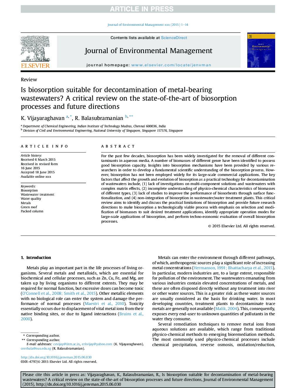 Is biosorption suitable for decontamination of metal-bearing wastewaters? A critical review on the state-of-the-art of biosorption processes and future directions