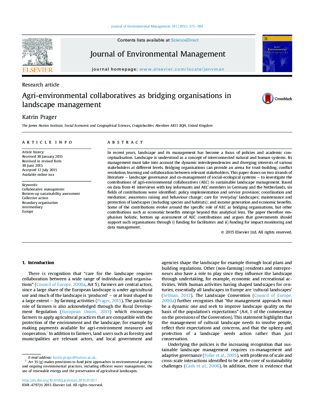 Agri-environmental collaboratives as bridging organisations in landscape management