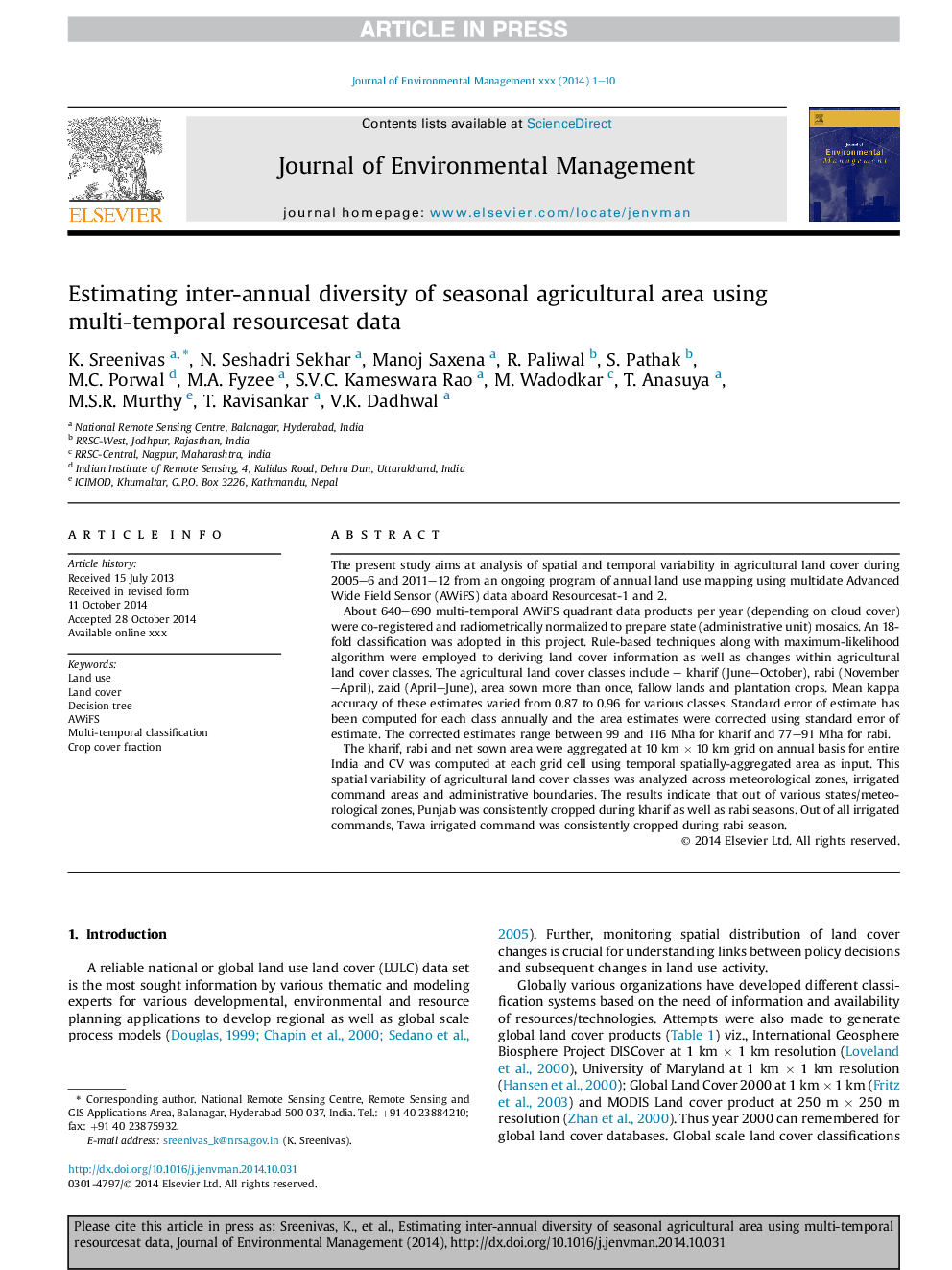 Estimating inter-annual diversity of seasonal agricultural area using multi-temporal resourcesat data