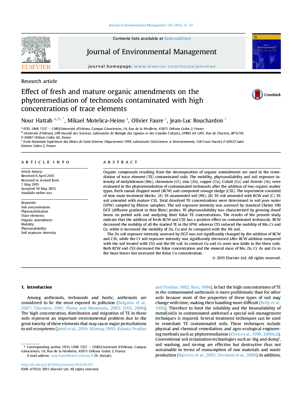 Effect of fresh and mature organic amendments on the phytoremediation of technosols contaminated with high concentrations of trace elements