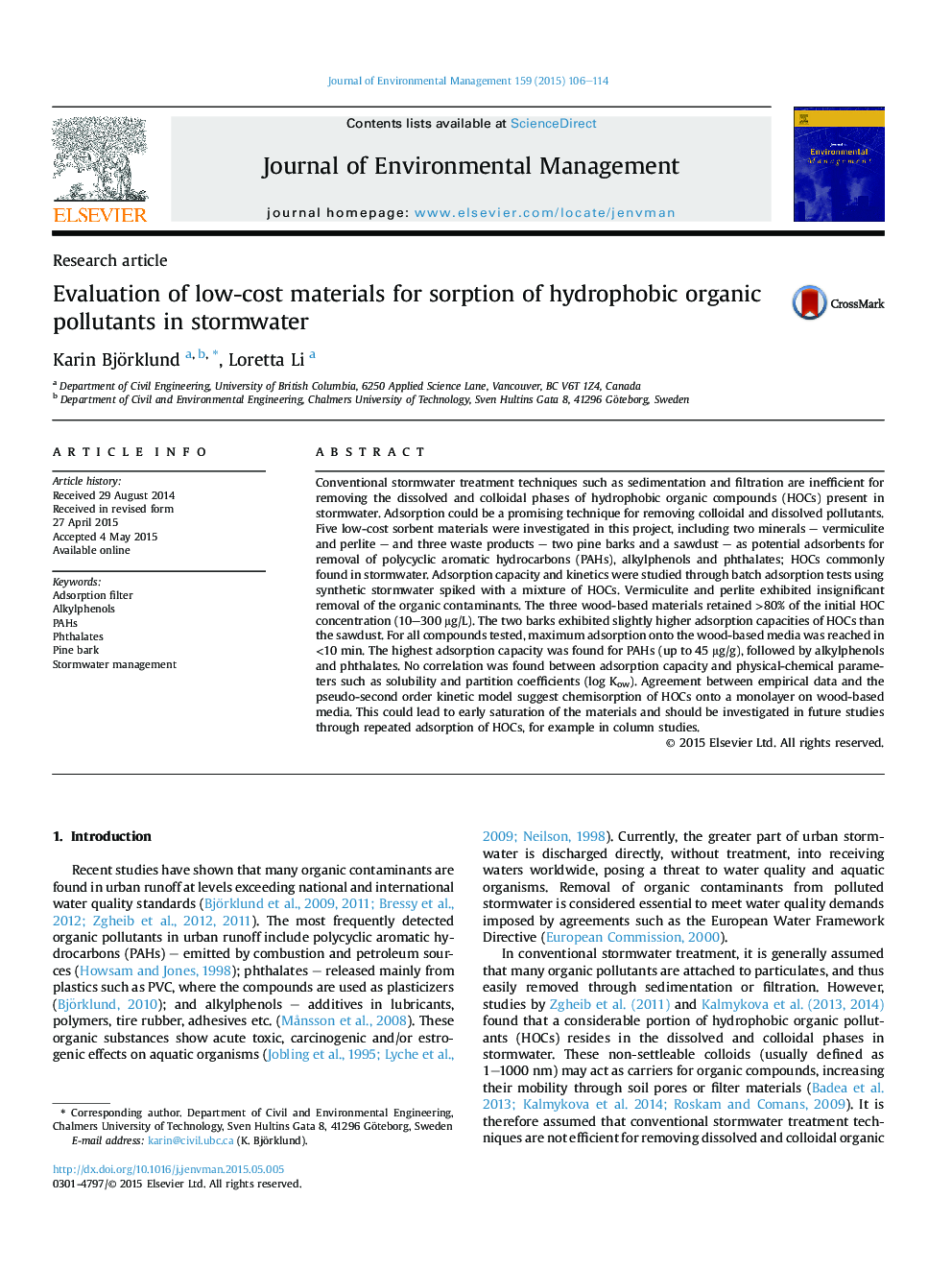 Evaluation of low-cost materials for sorption of hydrophobic organic pollutants in stormwater