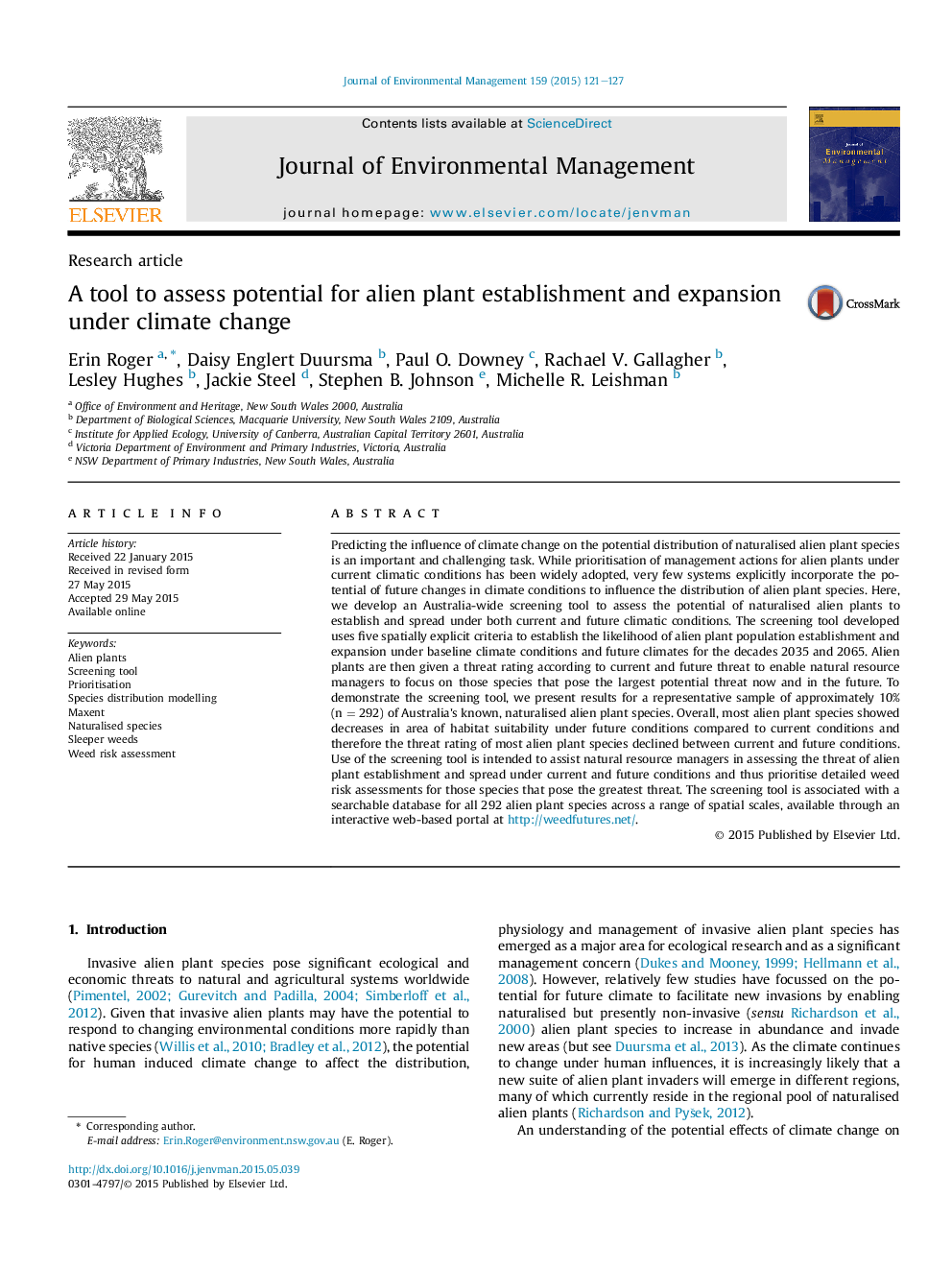 A tool to assess potential for alien plant establishment and expansion under climate change