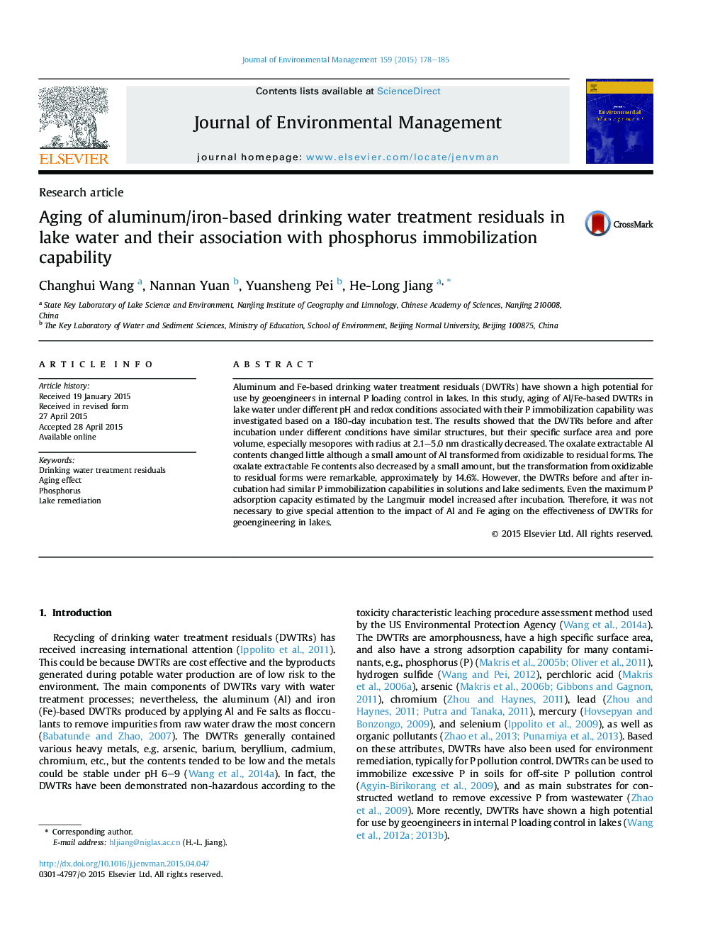 Aging of aluminum/iron-based drinking water treatment residuals in lake water and their association with phosphorus immobilization capability