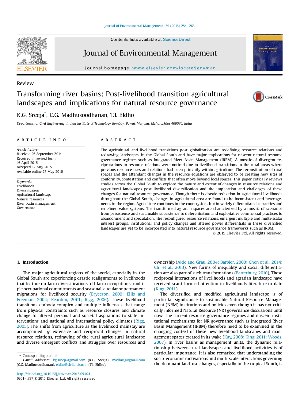 Transforming river basins: Post-livelihood transition agricultural landscapes and implications for natural resource governance