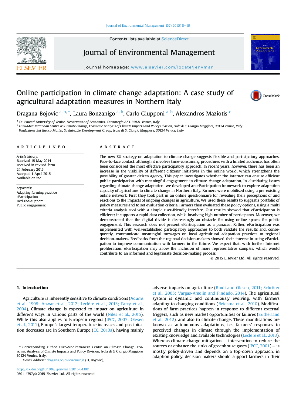 Online participation in climate change adaptation: A case study of agricultural adaptation measures in Northern Italy