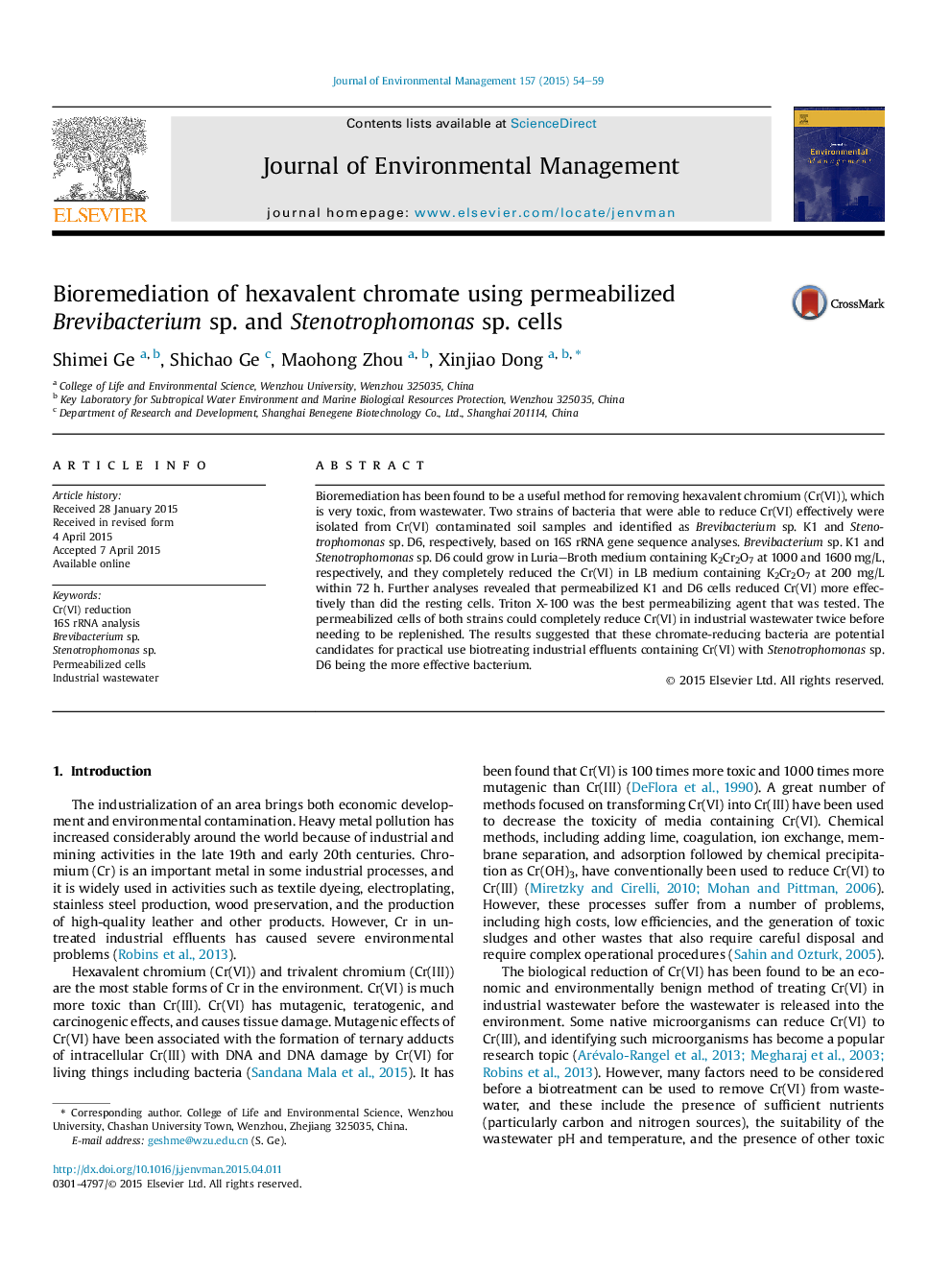 Bioremediation of hexavalent chromate using permeabilized Brevibacterium sp. and Stenotrophomonas sp. cells