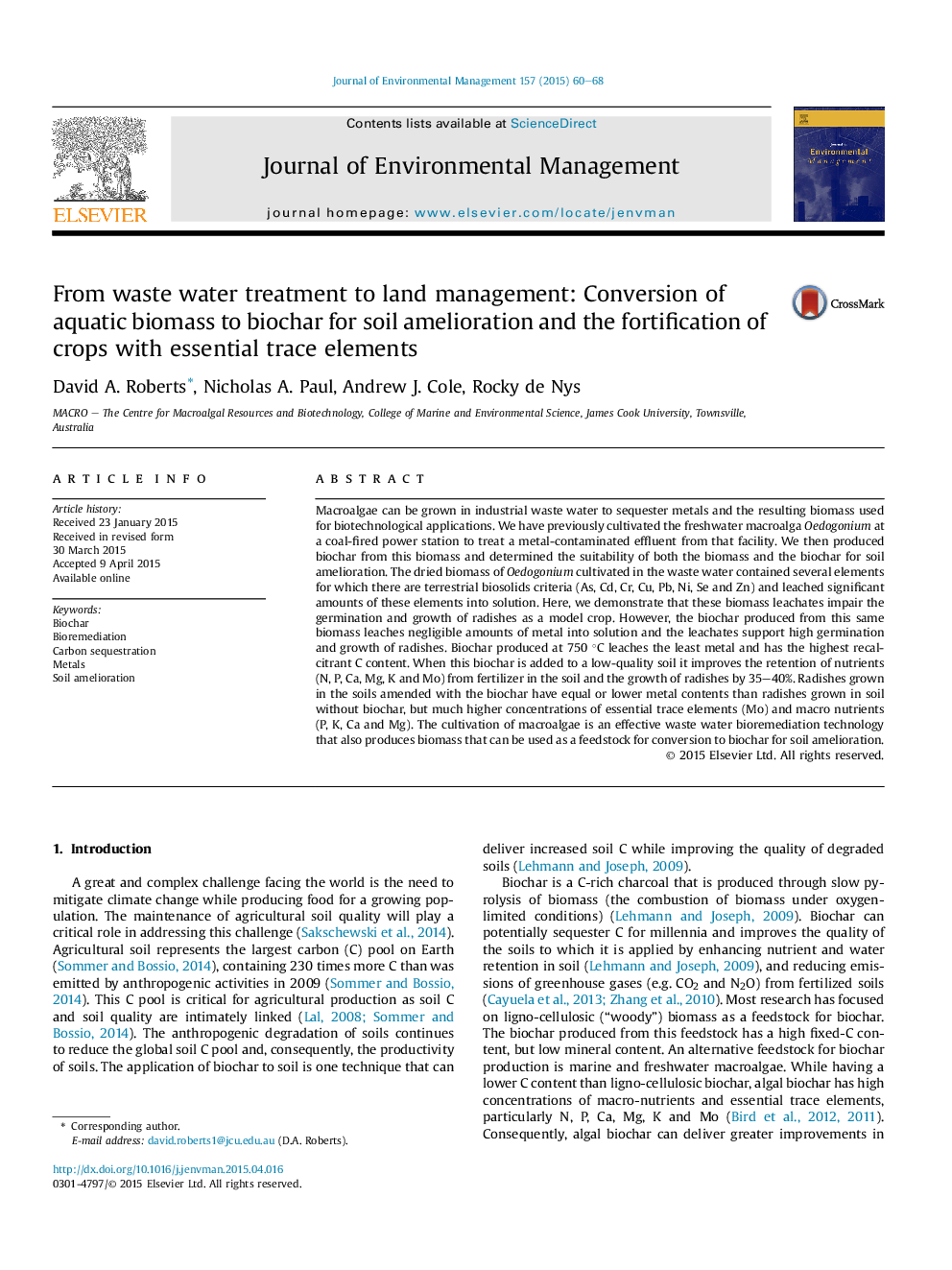 From waste water treatment to land management: Conversion of aquatic biomass to biochar for soil amelioration and the fortification of crops with essential trace elements