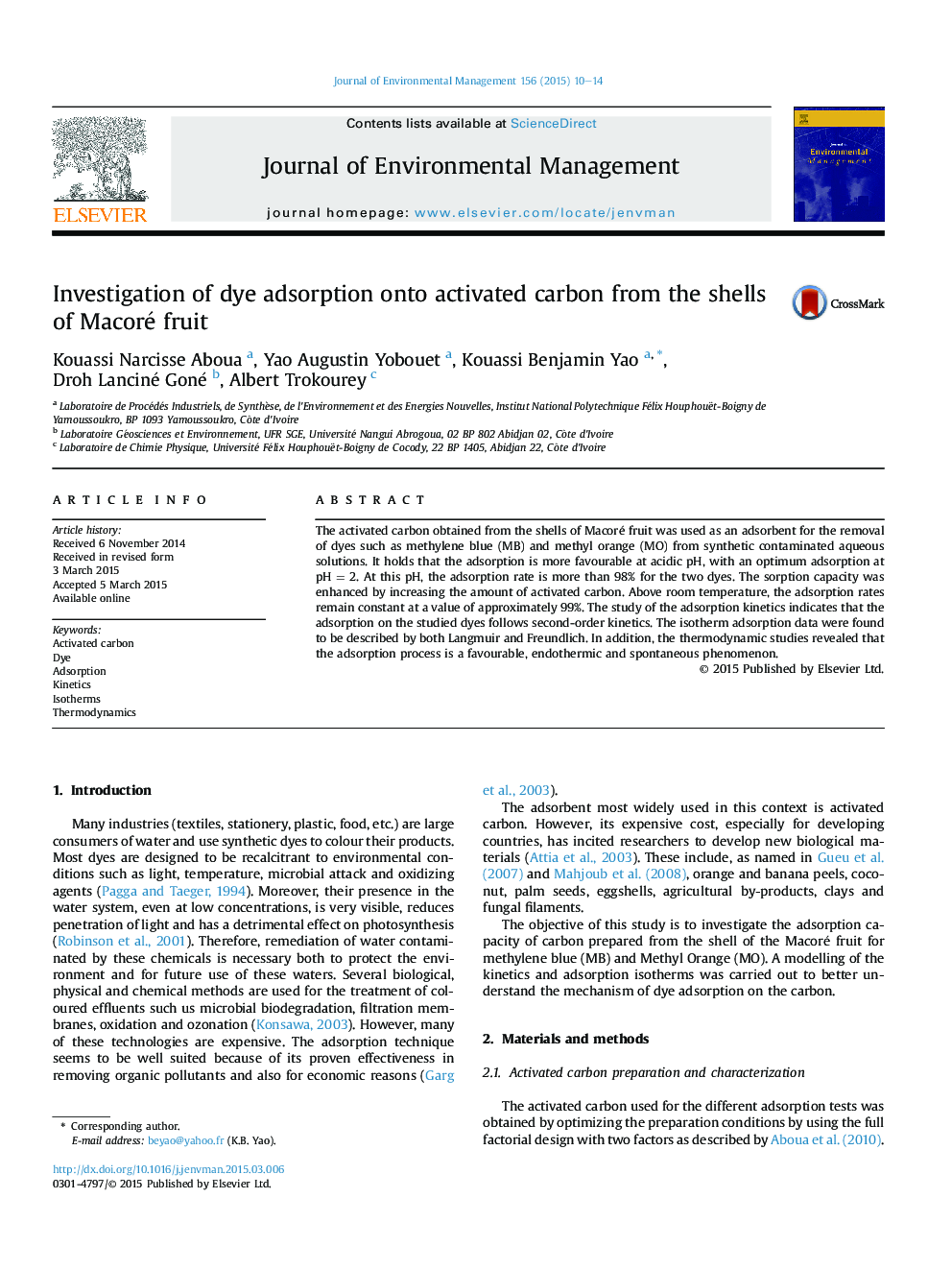 Investigation of dye adsorption onto activated carbon from the shells of Macoré fruit