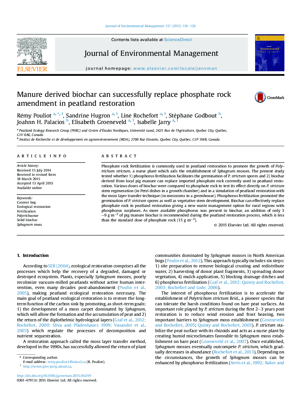 Manure derived biochar can successfully replace phosphate rock amendment in peatland restoration