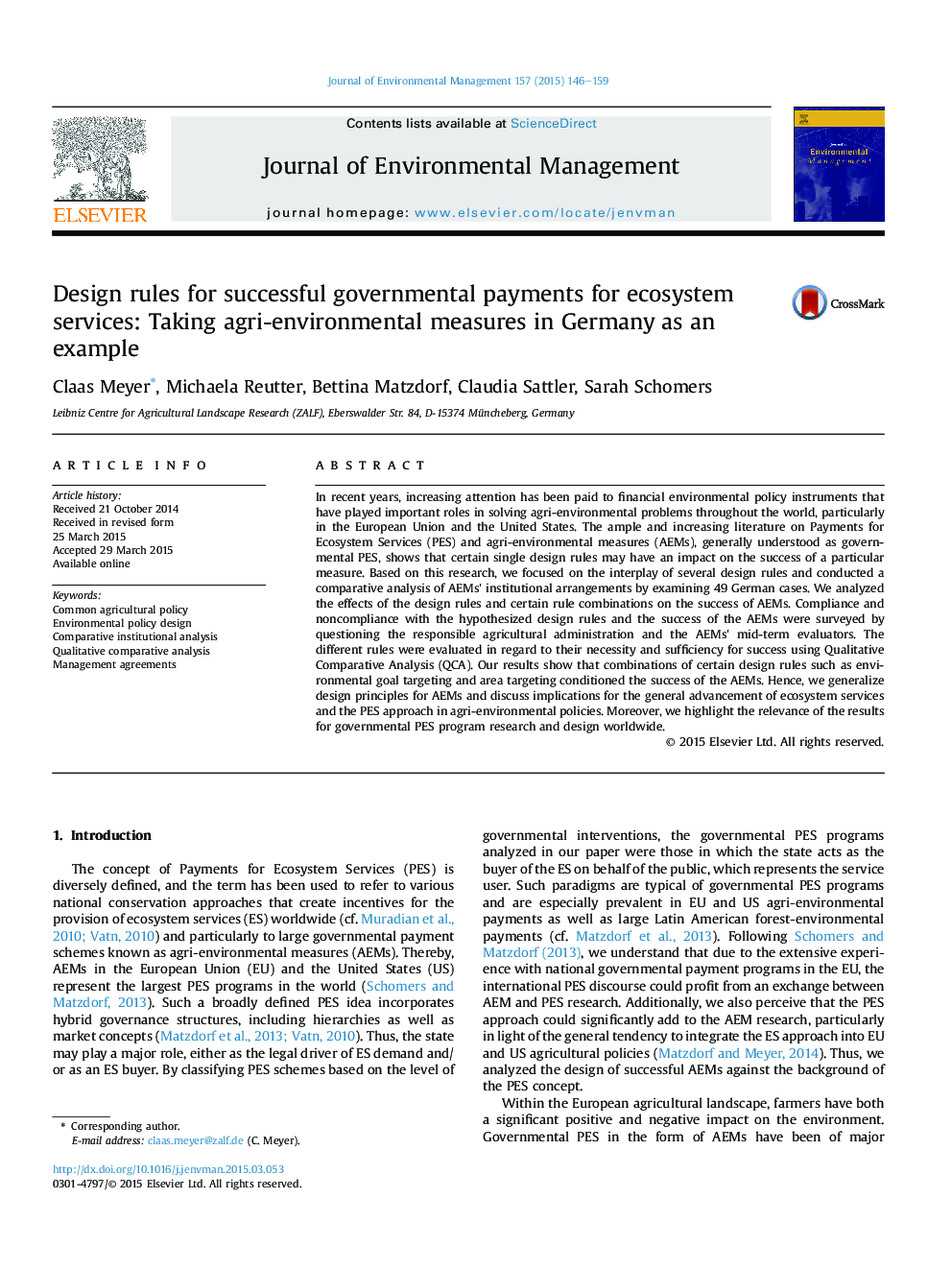 Design rules for successful governmental payments for ecosystem services: Taking agri-environmental measures in Germany as an example