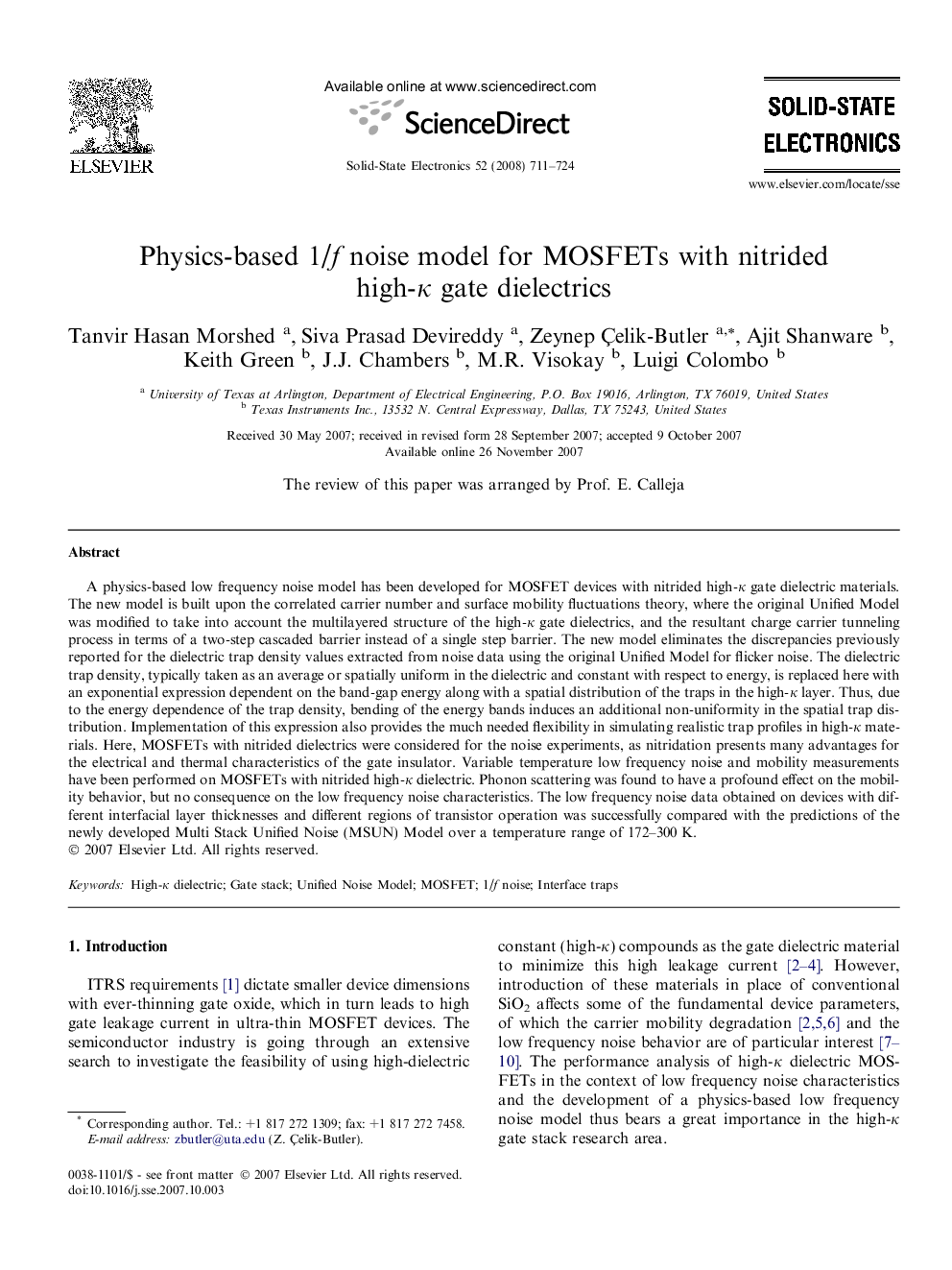 Physics-based 1/f noise model for MOSFETs with nitrided high-κ gate dielectrics