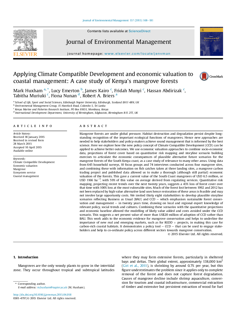 Applying Climate Compatible Development and economic valuation to coastal management: A case study of Kenya's mangrove forests