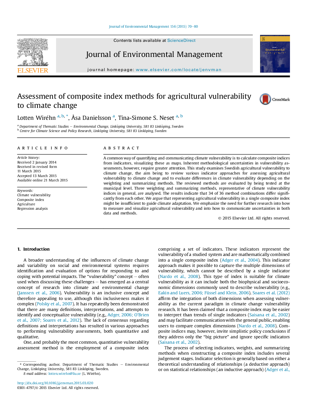 Assessment of composite index methods for agricultural vulnerability to climate change