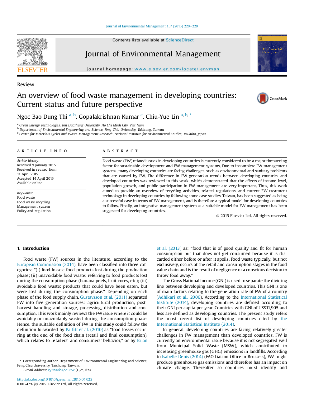 An overview of food waste management in developing countries: Current status and future perspective