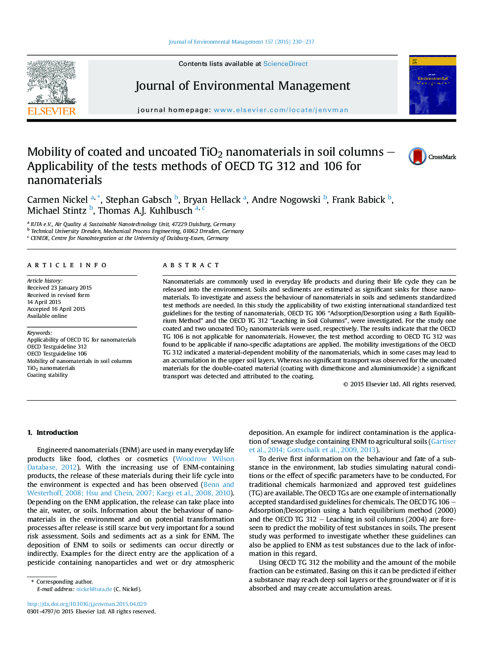 Mobility of coated and uncoated TiO2 nanomaterials in soil columns - Applicability of the tests methods of OECD TG 312 and 106 for nanomaterials