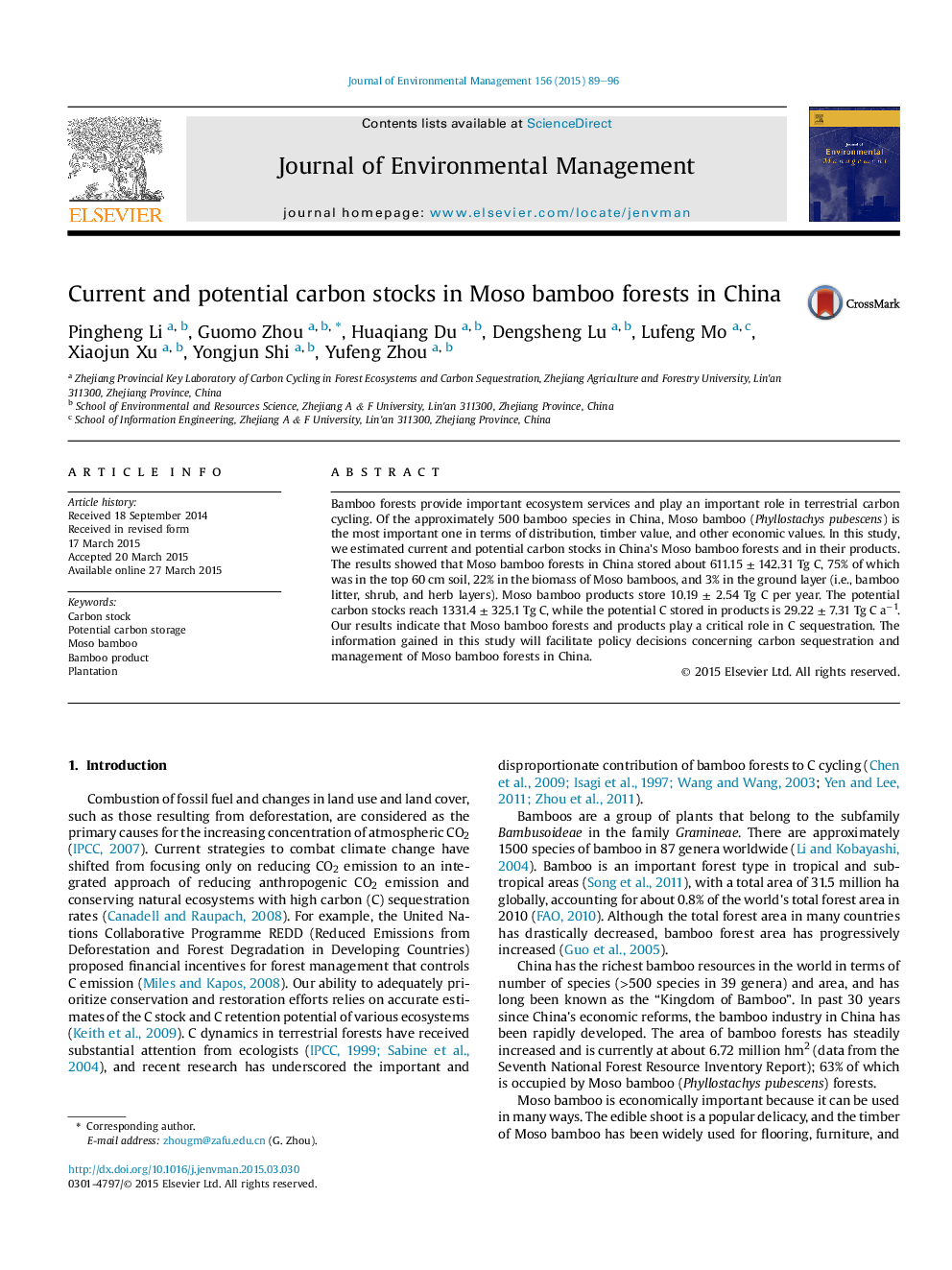 Current and potential carbon stocks in Moso bamboo forests in China