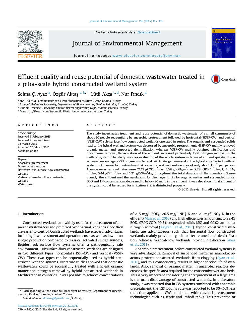 Effluent quality and reuse potential of domestic wastewater treated in a pilot-scale hybrid constructed wetland system