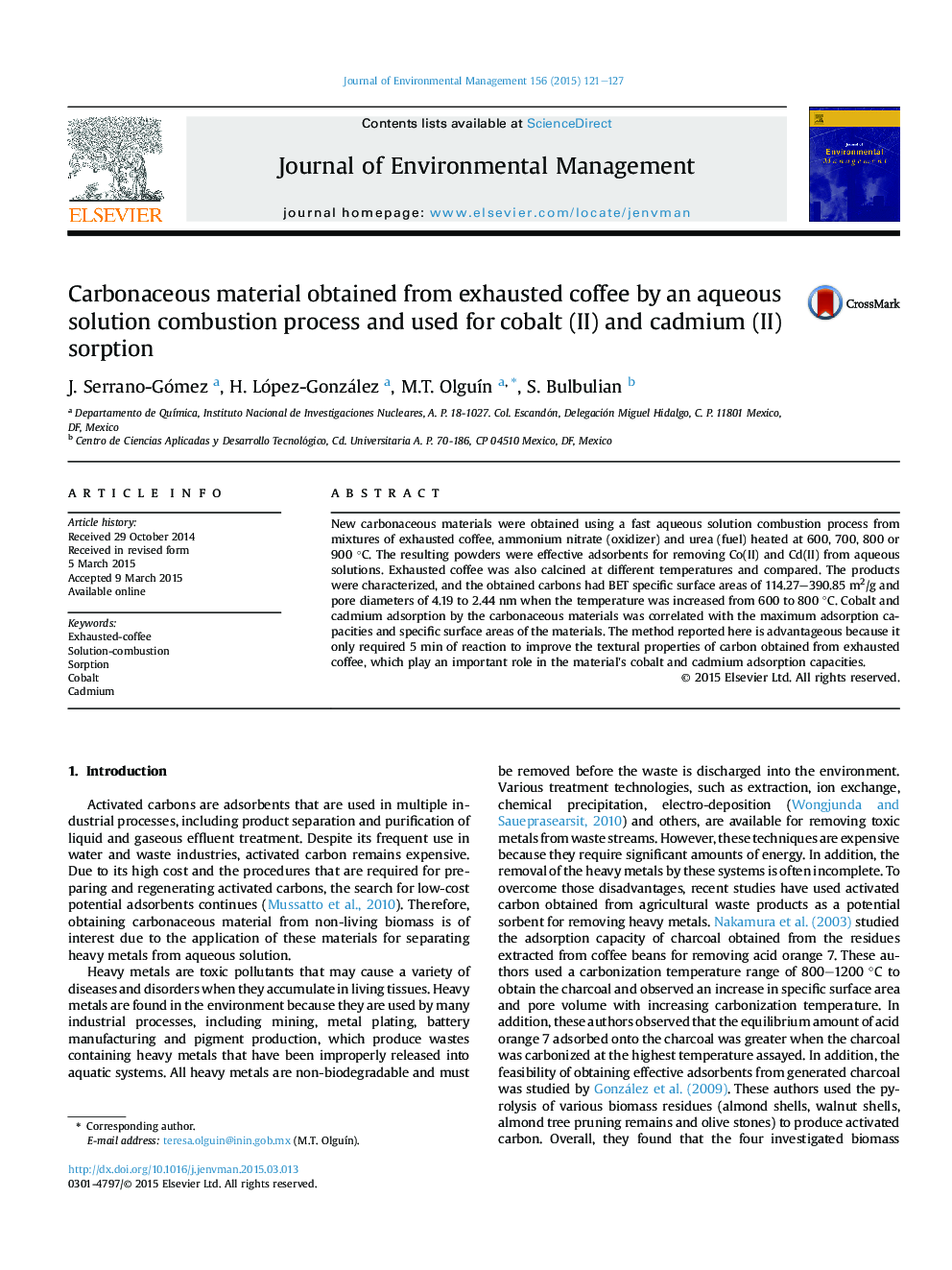 Carbonaceous material obtained from exhausted coffee by an aqueous solution combustion process and used for cobalt (II) and cadmium (II) sorption