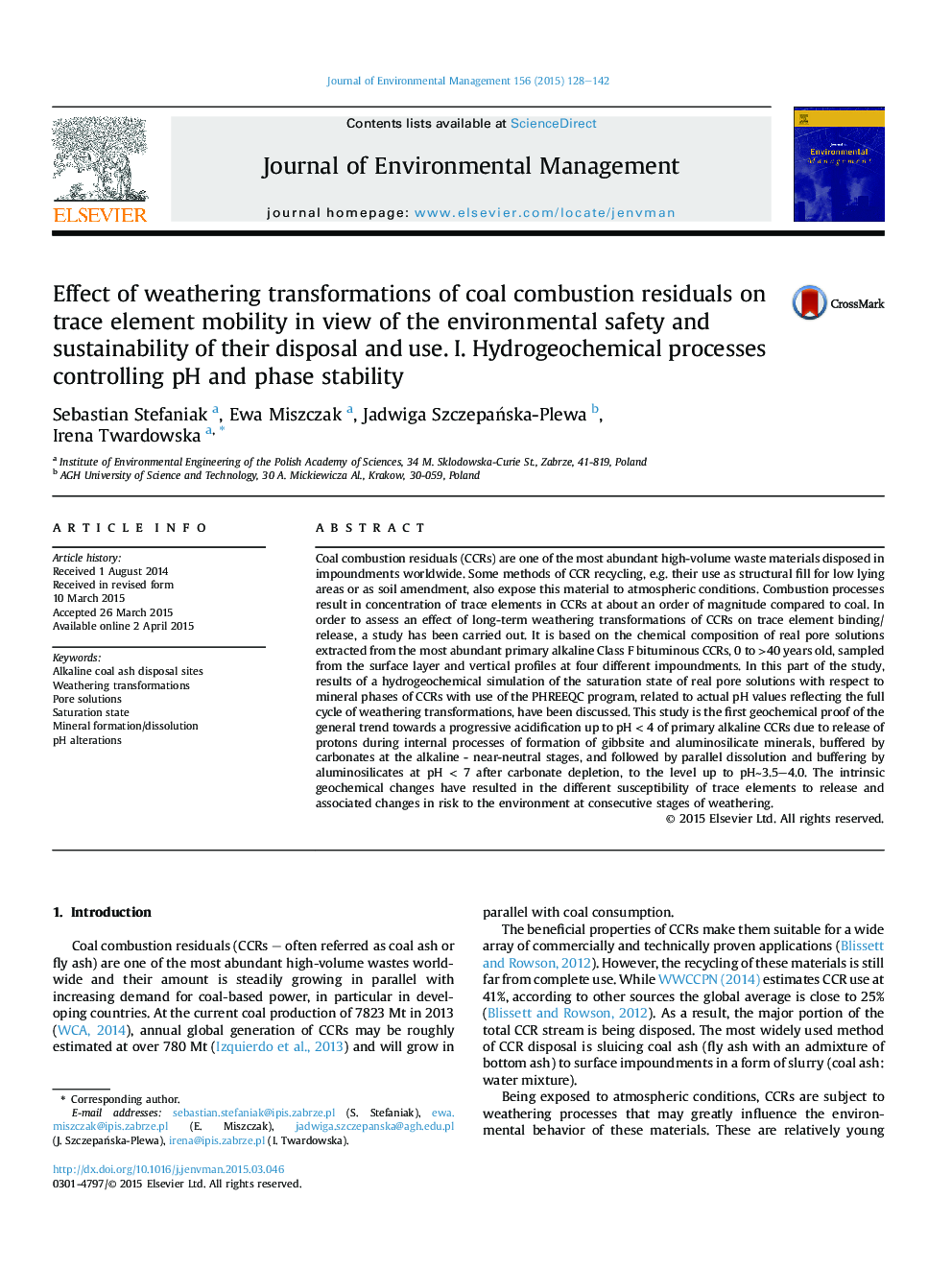 Effect of weathering transformations of coal combustion residuals on trace element mobility in view of the environmental safety and sustainability of their disposal and use. I. Hydrogeochemical processes controlling pH and phase stability