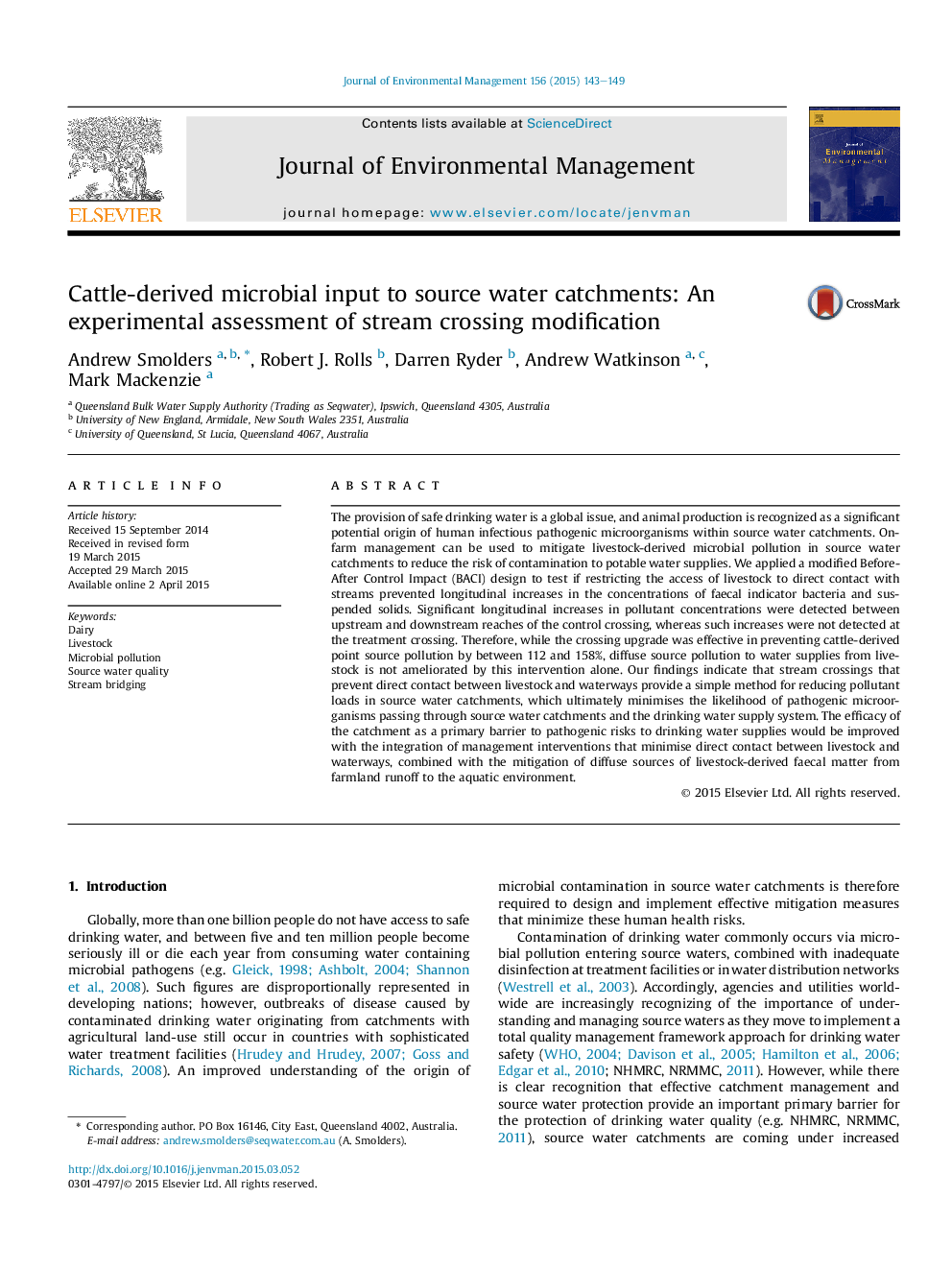 Cattle-derived microbial input to source water catchments: An experimental assessment of stream crossing modification