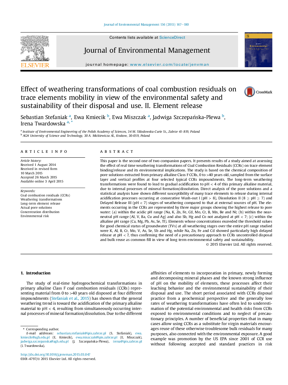 Effect of weathering transformations of coal combustion residuals on trace elements mobility in view of the environmental safety and sustainability of their disposal and use. II. Element release