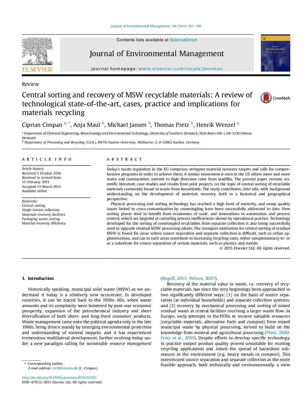 Central sorting and recovery of MSW recyclable materials: A review of technological state-of-the-art, cases, practice and implications for materials recycling