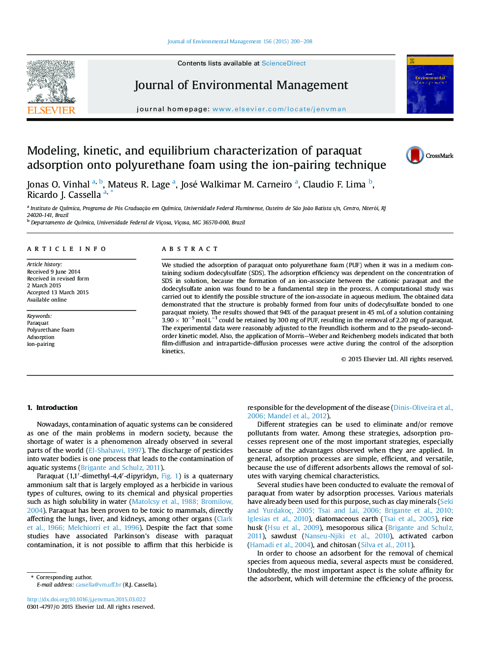 Modeling, kinetic, and equilibrium characterization of paraquat adsorption onto polyurethane foam using the ion-pairing technique
