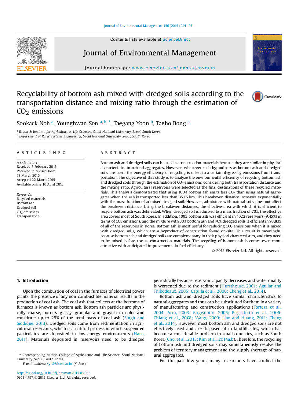 Recyclability of bottom ash mixed with dredged soils according to the transportation distance and mixing ratio through the estimation of CO2 emissions