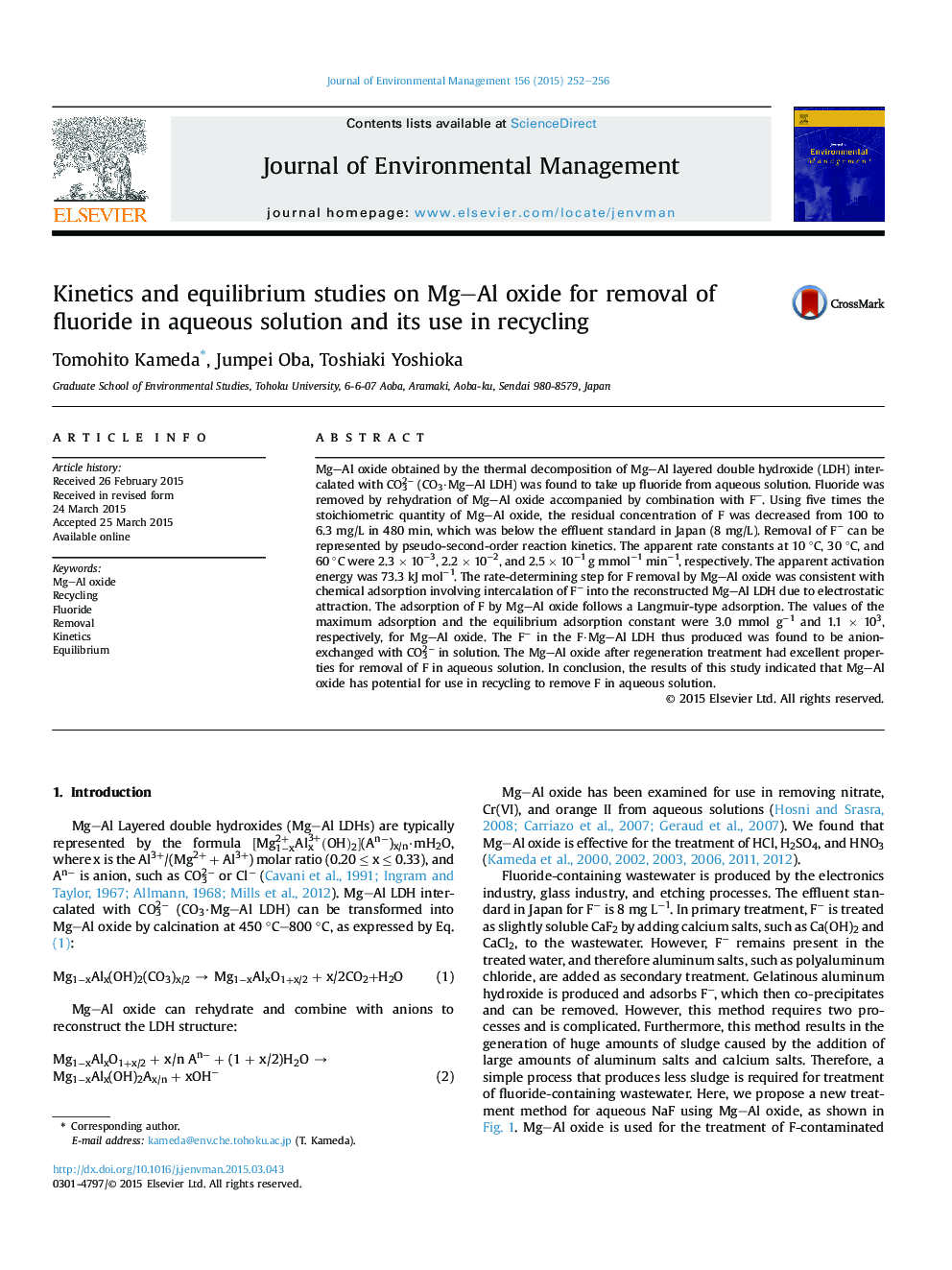 Kinetics and equilibrium studies on Mg-Al oxide for removal of fluoride in aqueous solution and its use in recycling