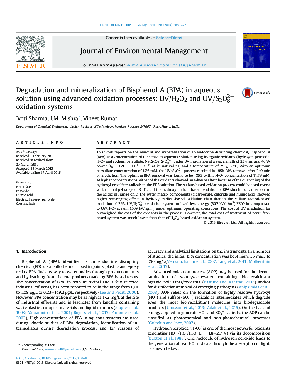 Degradation and mineralization of Bisphenol A (BPA) in aqueous solution using advanced oxidation processes: UV/H2O2 and UV/S2O82â oxidation systems