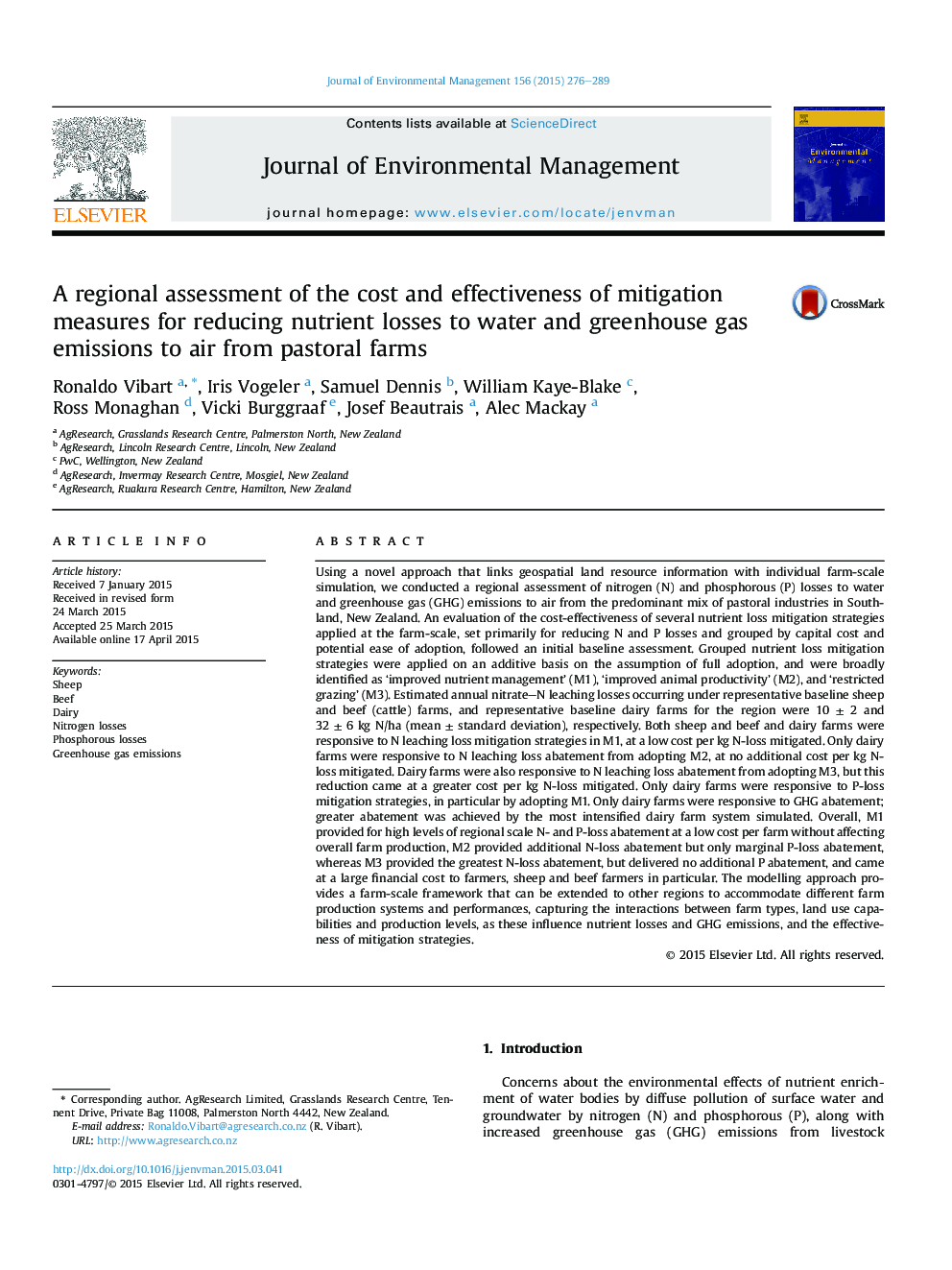 A regional assessment of the cost and effectiveness of mitigation measures for reducing nutrient losses to water and greenhouse gas emissions to air from pastoral farms