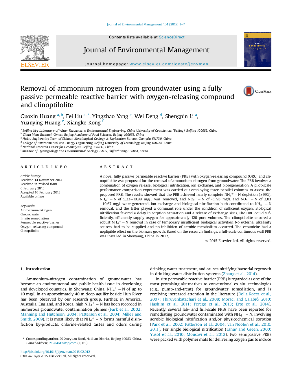 Removal of ammonium-nitrogen from groundwater using a fully passive permeable reactive barrier with oxygen-releasing compound and clinoptilolite