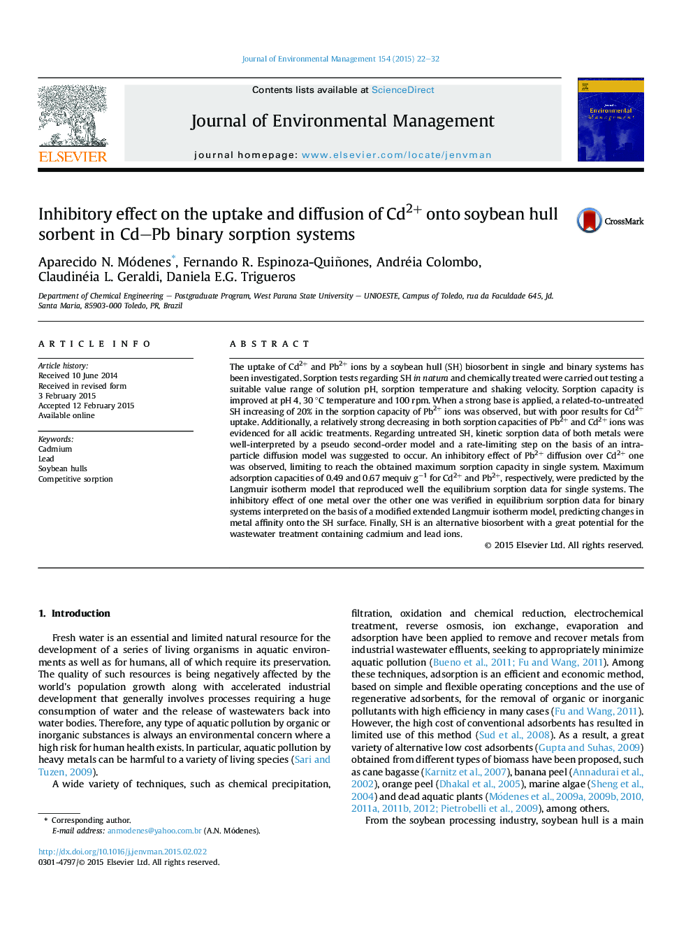 Inhibitory effect on the uptake and diffusion of Cd2+ onto soybean hull sorbent in Cd-Pb binary sorption systems