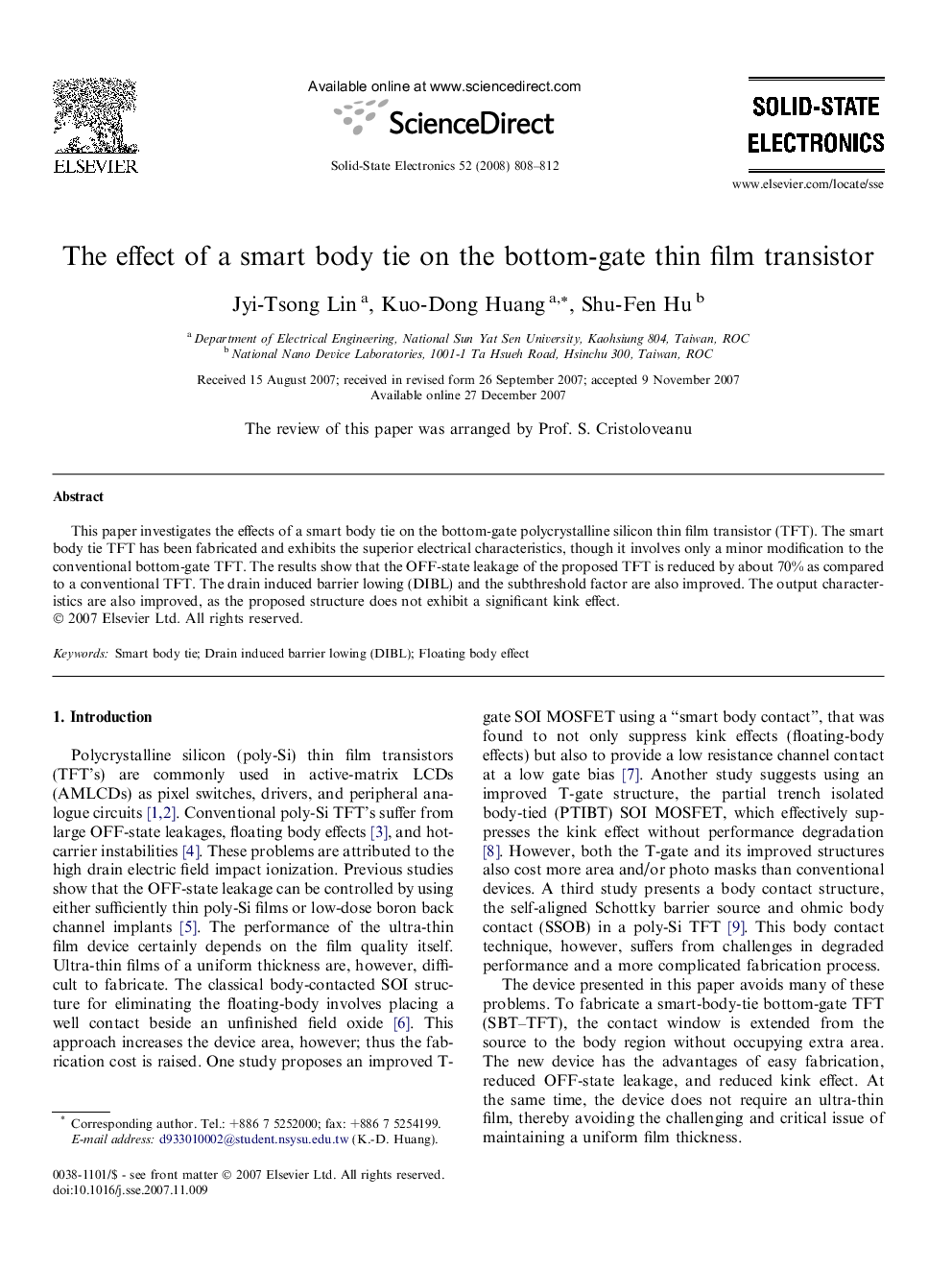 The effect of a smart body tie on the bottom-gate thin film transistor