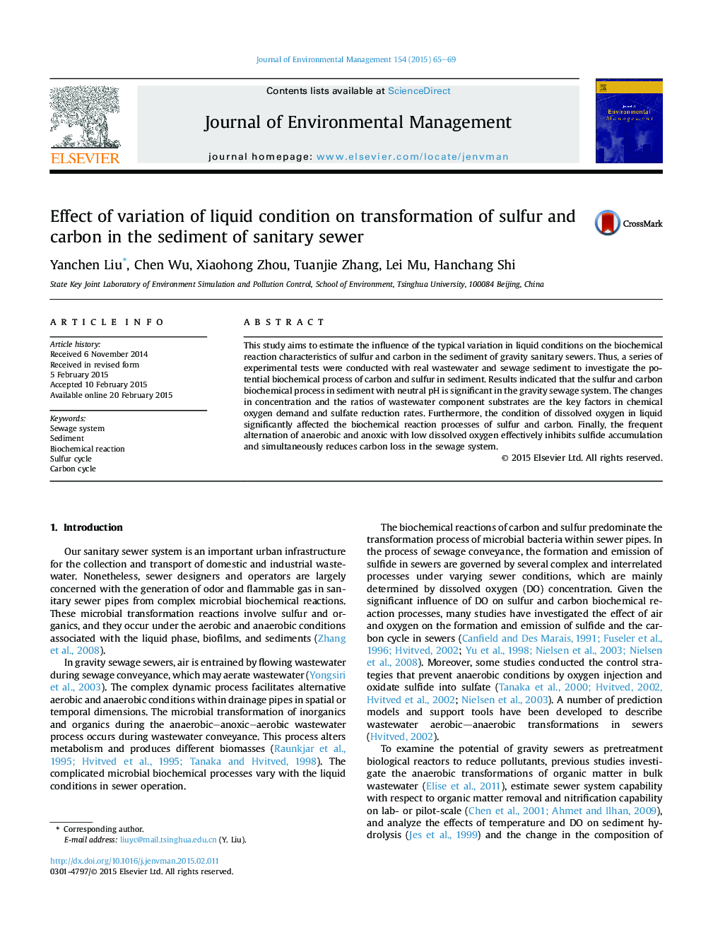 Effect of variation of liquid condition on transformation of sulfur and carbon in the sediment of sanitary sewer