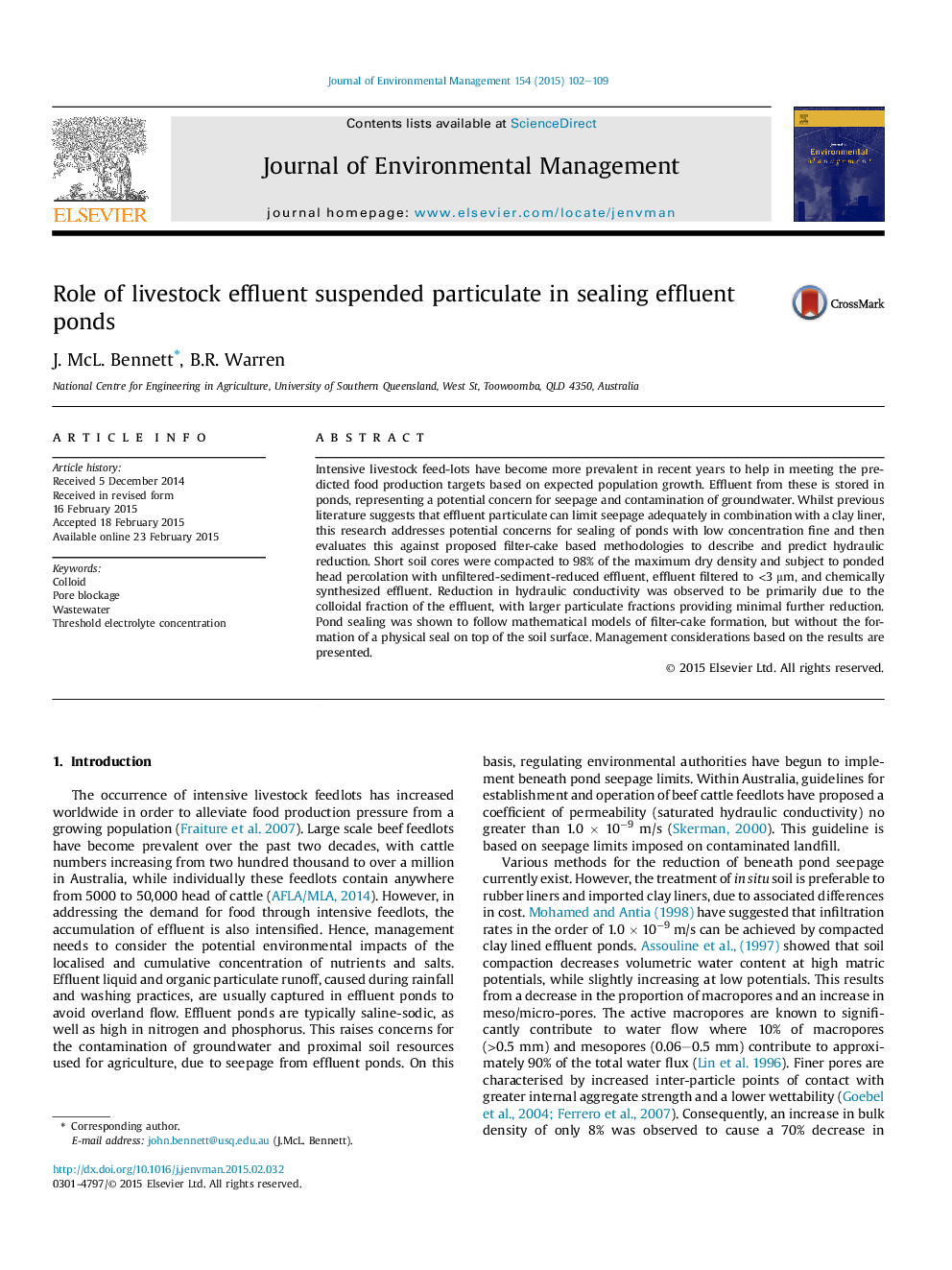 Role of livestock effluent suspended particulate in sealing effluent ponds