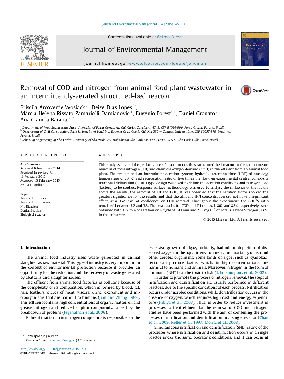 Removal of COD and nitrogen from animal food plant wastewater in an intermittently-aerated structured-bed reactor