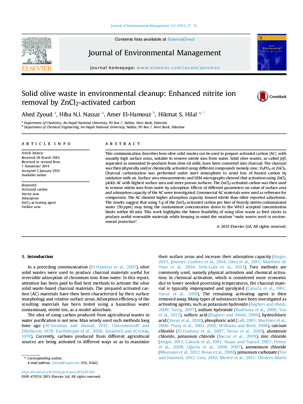Solid olive waste in environmental cleanup: Enhanced nitrite ion removal by ZnCl2-activated carbon