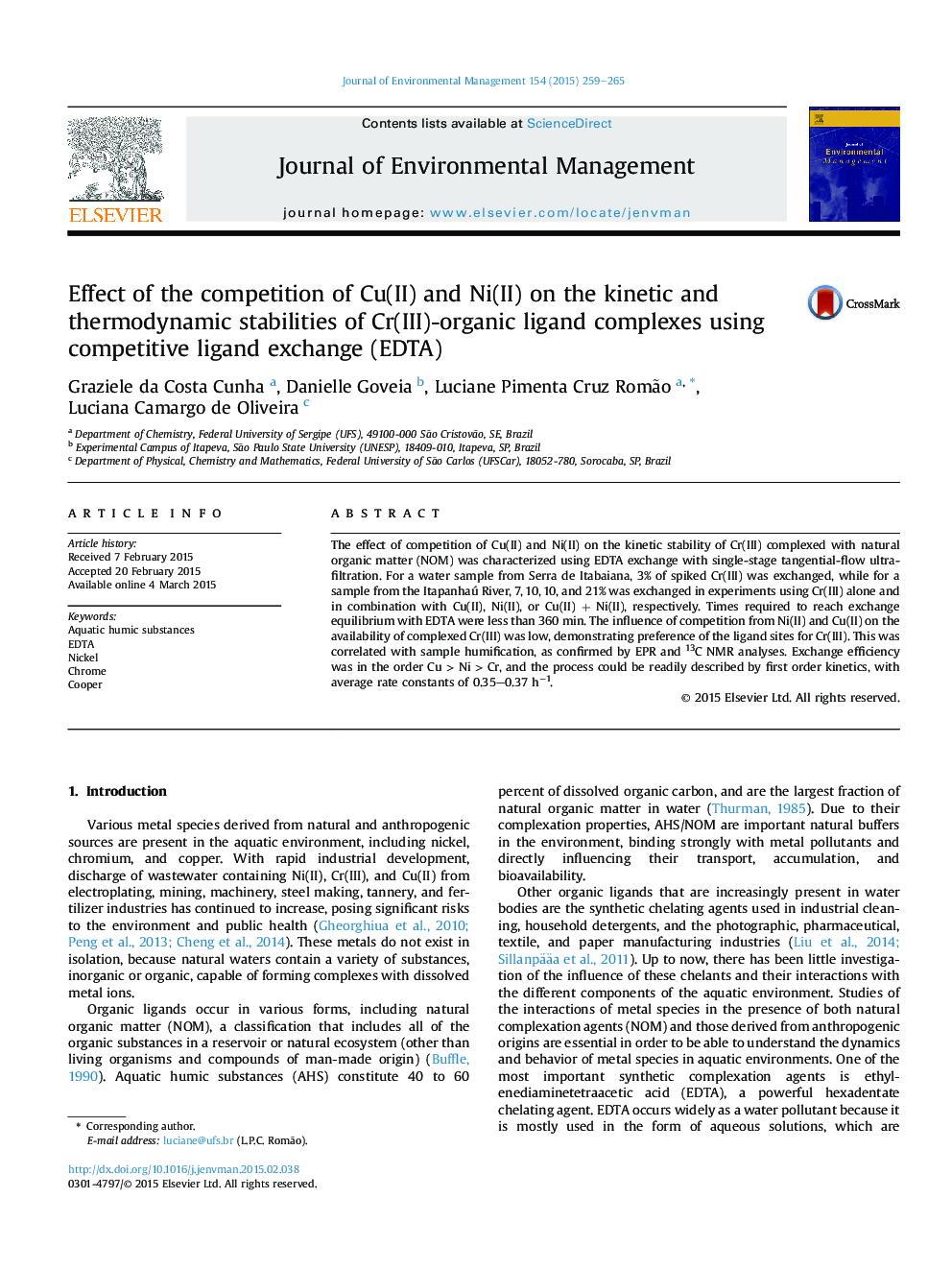 Effect of the competition of Cu(II) and Ni(II) on the kinetic and thermodynamic stabilities of Cr(III)-organic ligand complexes using competitive ligand exchange (EDTA)