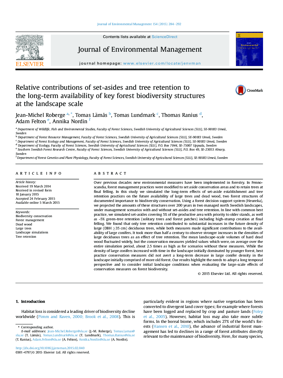 Relative contributions of set-asides and tree retention to the long-term availability of key forest biodiversity structures at the landscape scale