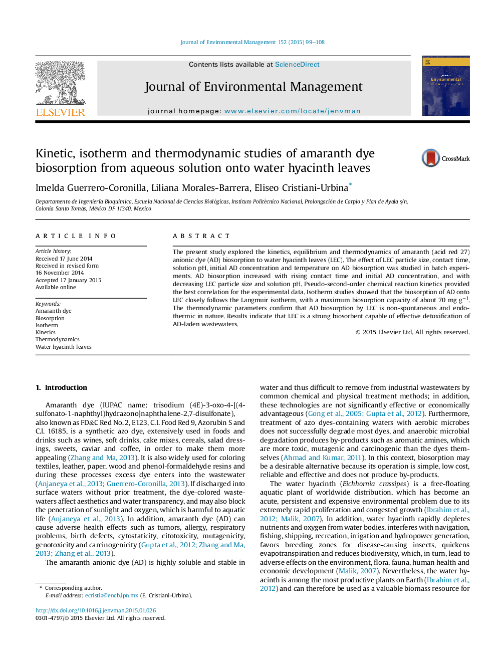 Kinetic, isotherm and thermodynamic studies of amaranth dye biosorption from aqueous solution onto water hyacinth leaves