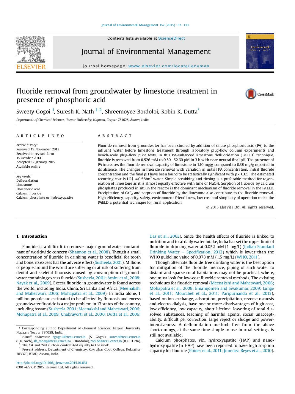 Fluoride removal from groundwater by limestone treatment in presence of phosphoric acid