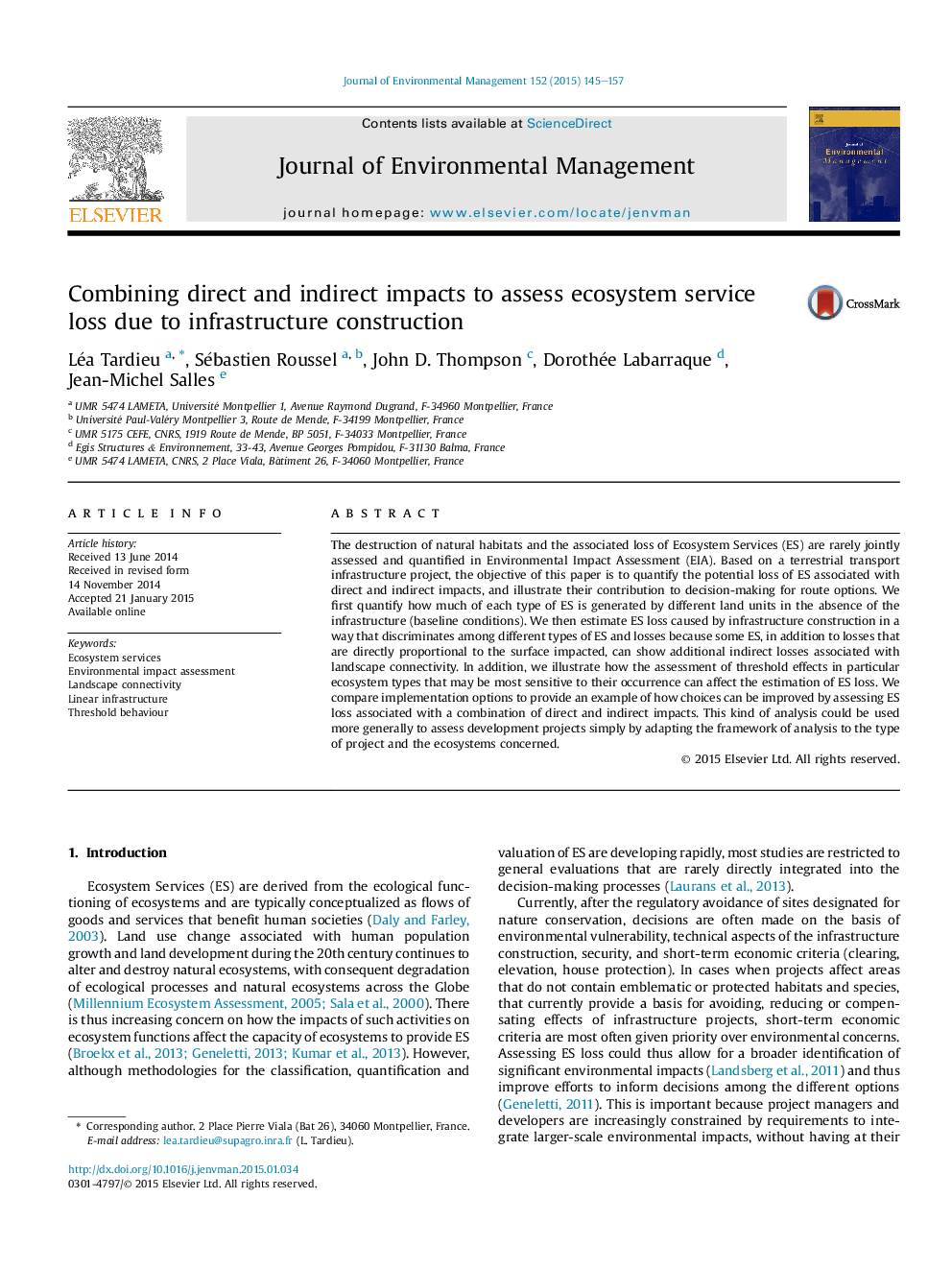 Combining direct and indirect impacts to assess ecosystem service loss due to infrastructure construction