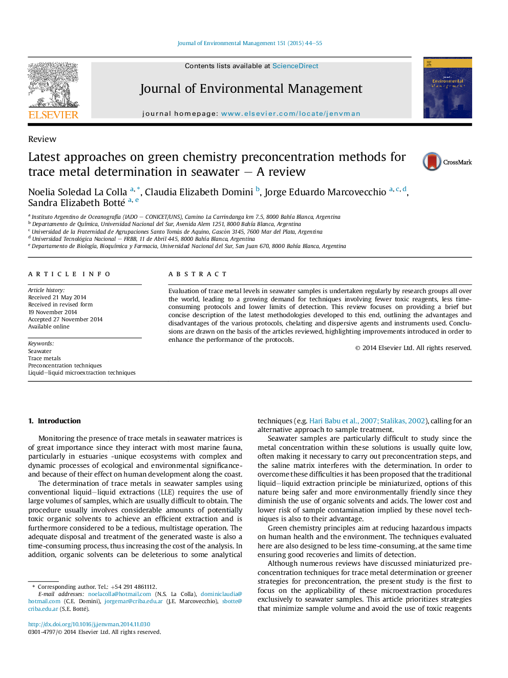 Latest approaches on green chemistry preconcentration methods for trace metal determination in seawater - A review