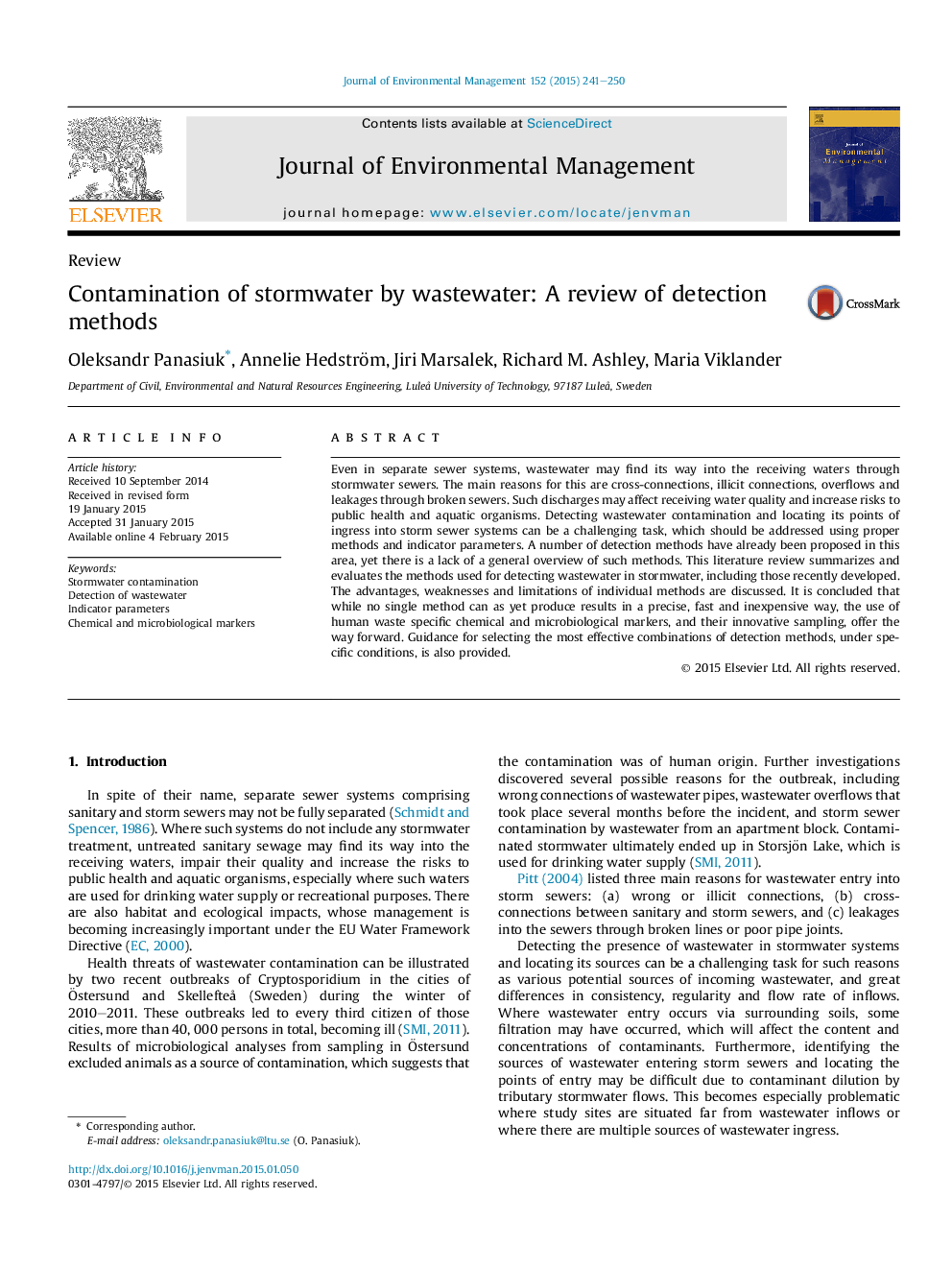 Contamination of stormwater by wastewater: A review of detection methods