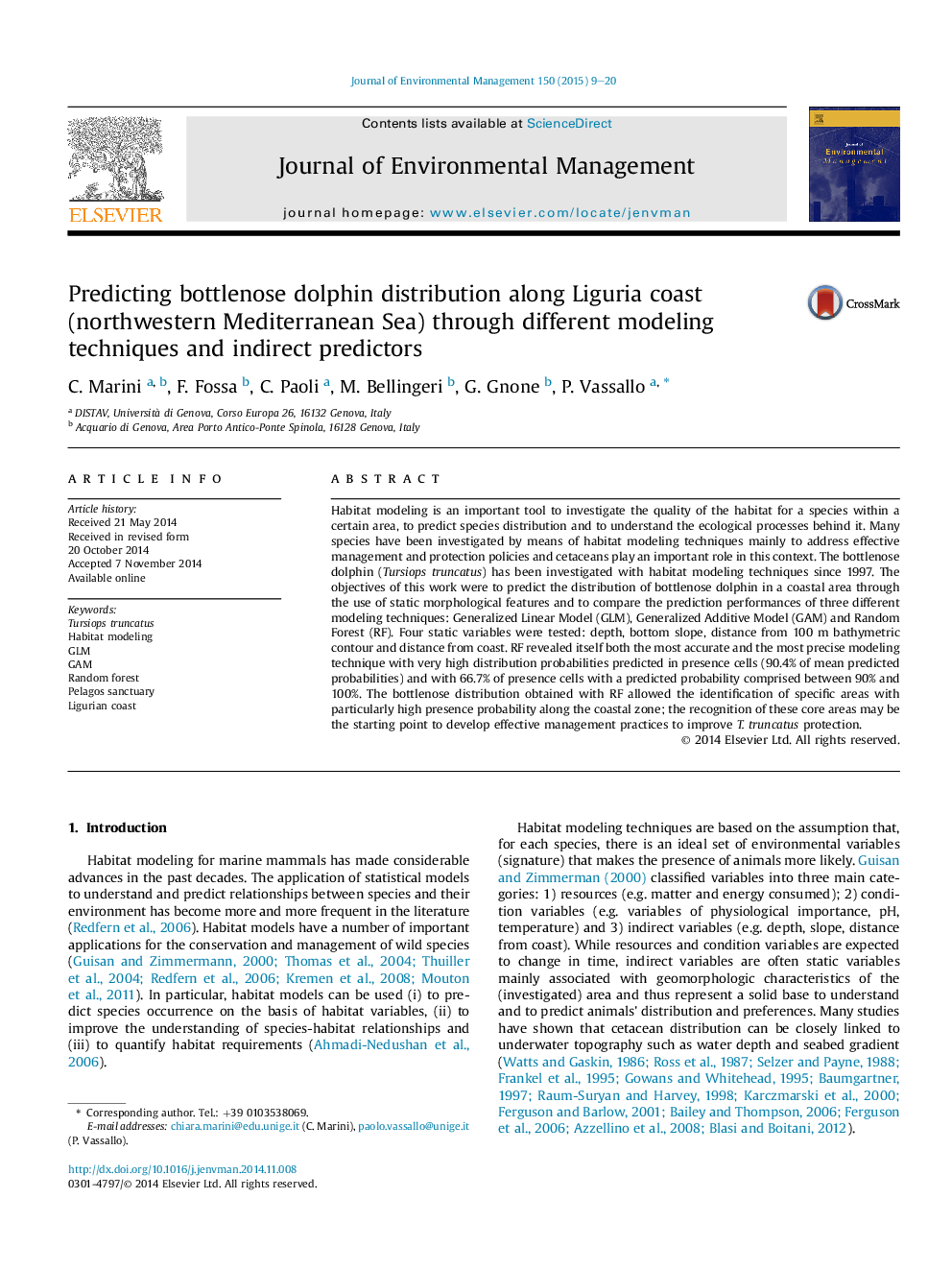 Predicting bottlenose dolphin distribution along Liguria coast (northwestern Mediterranean Sea) through different modeling techniques and indirect predictors