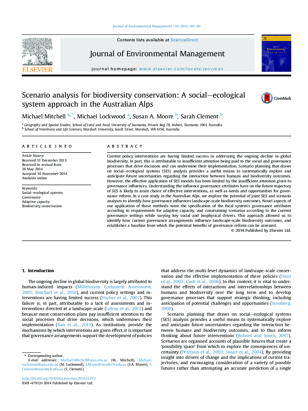 Scenario analysis for biodiversity conservation: A social-ecological system approach in the Australian Alps