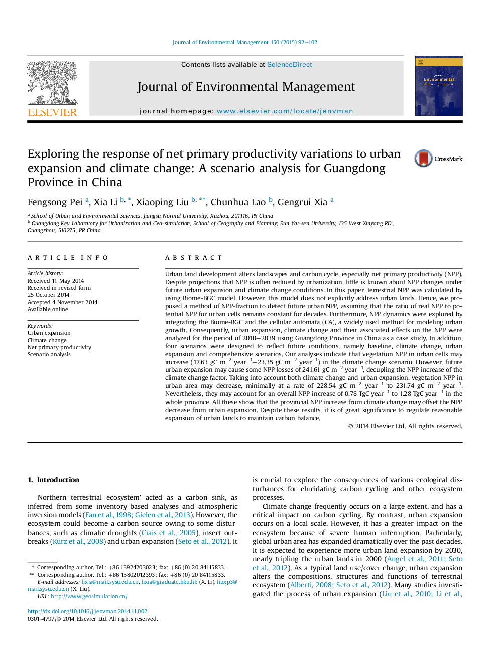 Exploring the response of net primary productivity variations to urban expansion and climate change: A scenario analysis for Guangdong Province in China