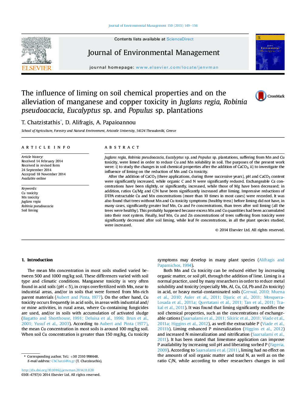 The influence of liming on soil chemical properties and on the alleviation of manganese and copper toxicity in Juglans regia, Robinia pseudoacacia, Eucalyptus sp. and Populus sp. plantations